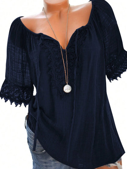 EMERY ROSE Women Plain Short Sleeve Ruffle Detail Casual Blouse, Everyday Wear