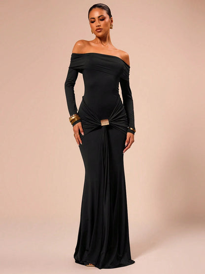 SHEIN X Scheana MUSERA Off Shoulder Long Sleeve Maxi Dress Vacation Summer Spring Romantic Wedding Guest Graduation, Prom Holiday Wedding Guest, Elegant, Birthday, Church, Night Out