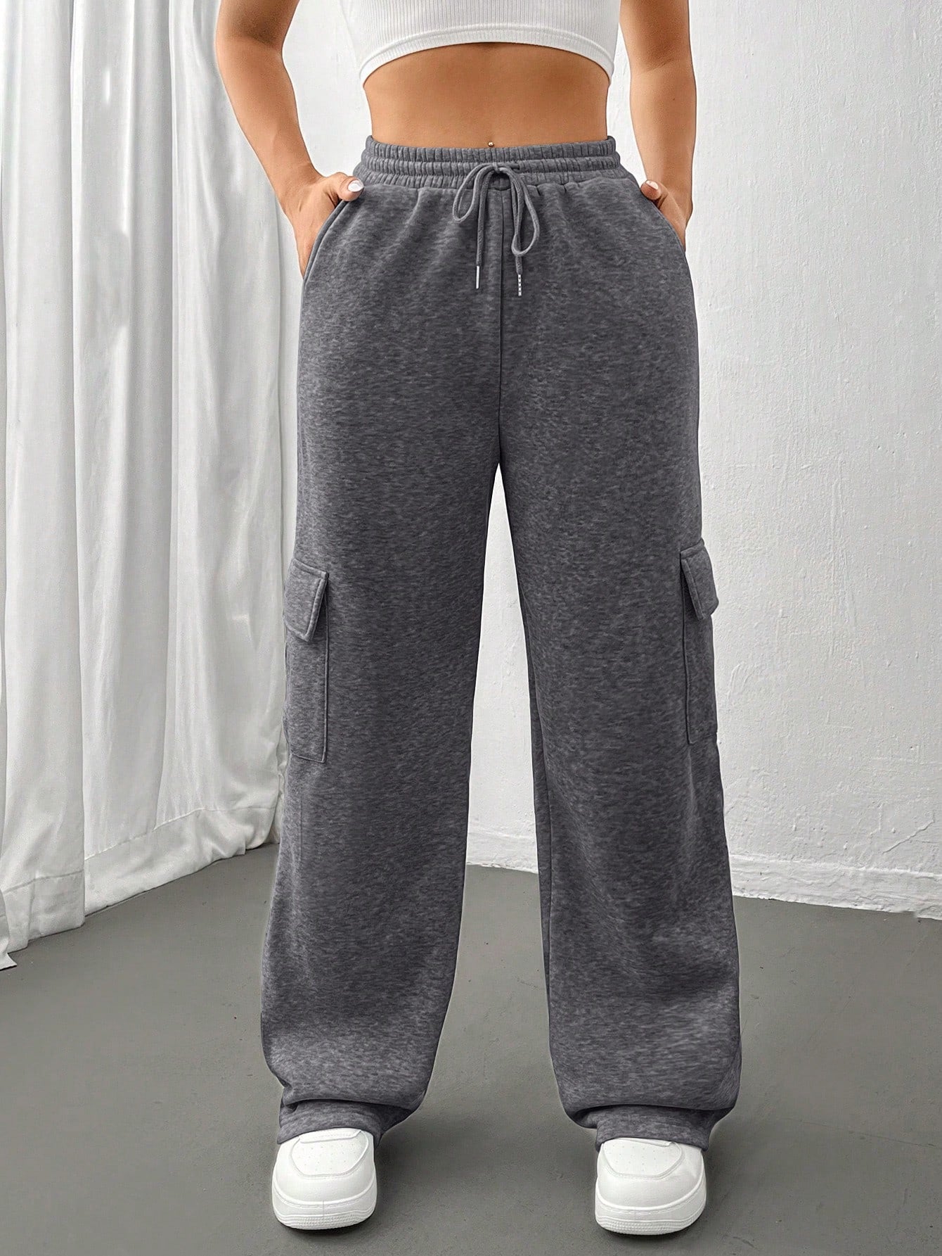 Flirla Flap Pocket Side Drawstring Waist Sweatpants Graduation,Back To School Outfits,Graduation,Teacher Outfits For Women,Back To School Fall Cloth For Women
