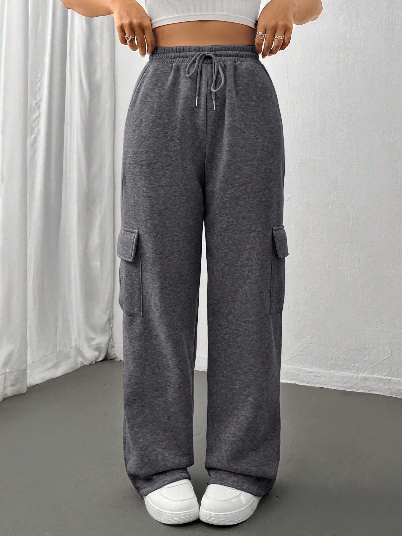 Flirla Flap Pocket Side Drawstring Waist Sweatpants Graduation,Back To School Outfits,Graduation,Teacher Outfits For Women,Back To School Fall Cloth For Women