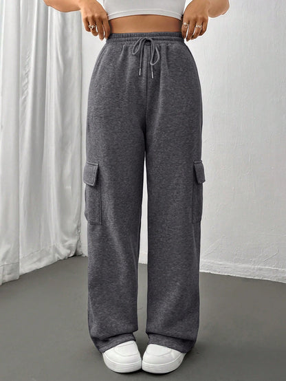 Flirla Flap Pocket Side Drawstring Waist Sweatpants Graduation,Back To School Outfits,Graduation,Teacher Outfits For Women,Back To School Fall Cloth For Women