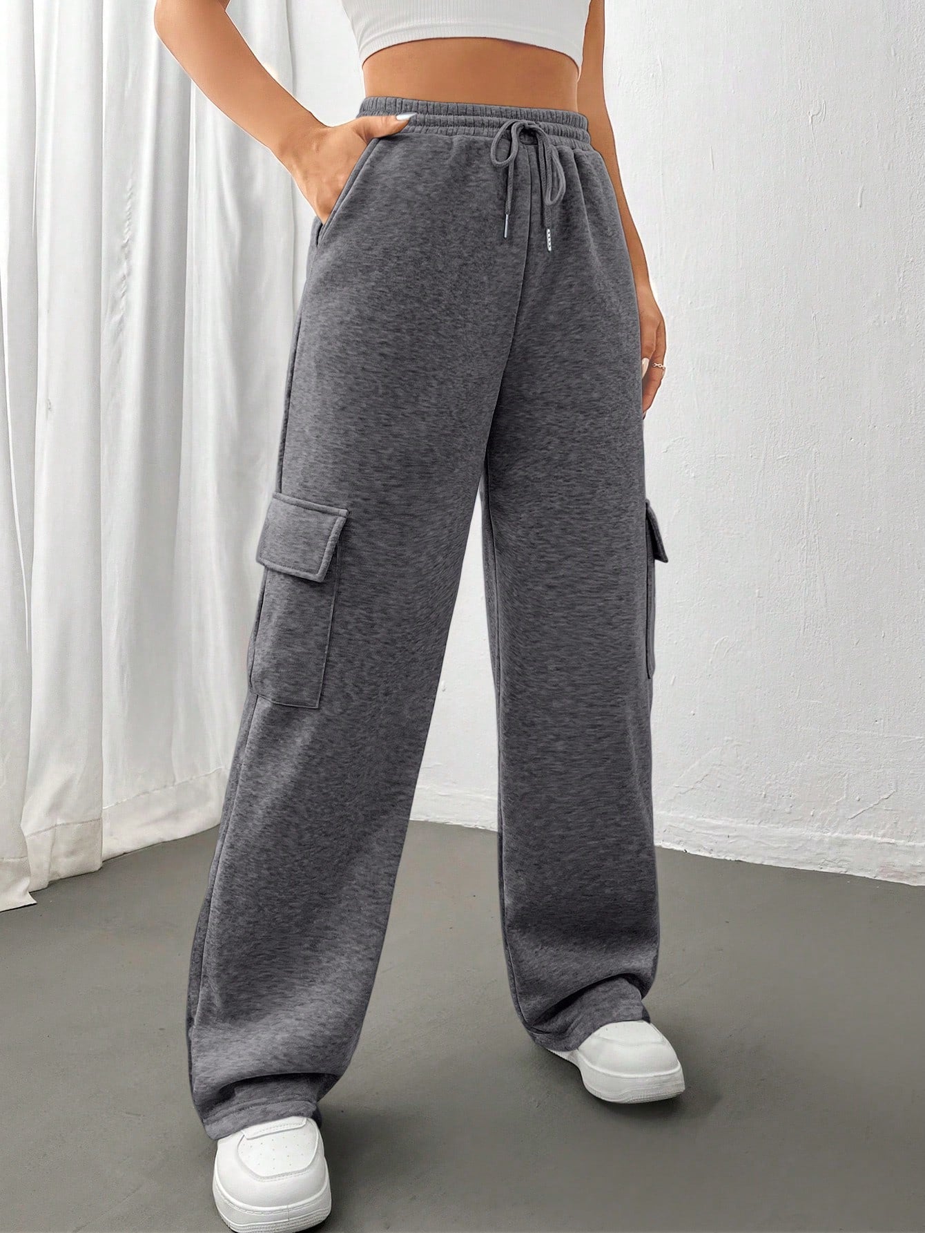 Flirla Flap Pocket Side Drawstring Waist Sweatpants Graduation,Back To School Outfits,Graduation,Teacher Outfits For Women,Back To School Fall Cloth For Women