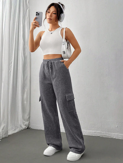 Flirla Flap Pocket Side Drawstring Waist Sweatpants Graduation,Back To School Outfits,Graduation,Teacher Outfits For Women,Back To School Fall Cloth For Women