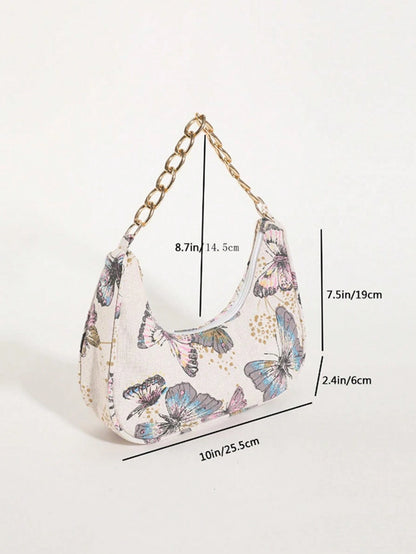 Fashion Metal Chain Handbag With Flower Design,Floral Printed Canvas Shoulder Bag , Tready Crescent Moon Bag For Women, Exquisite Floral Bag For Women
