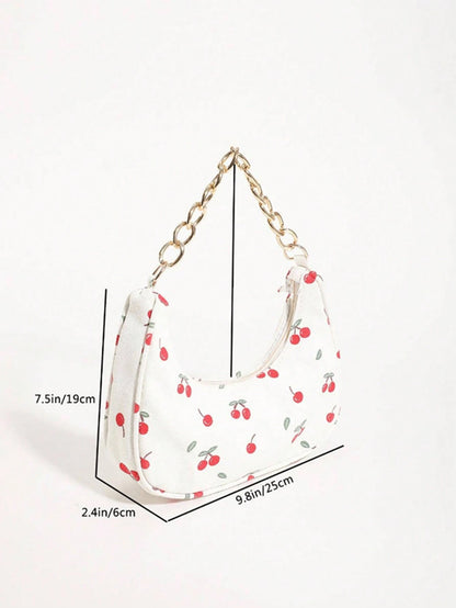 Fashion Metal Chain Handbag With Flower Design,Floral Printed Canvas Shoulder Bag , Tready Crescent Moon Bag For Women, Exquisite Floral Bag For Women