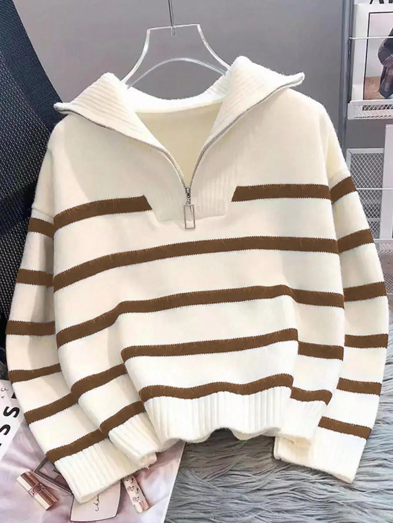 New Autumn/Winter Women Striped Zipper Turtleneck Sweater, Fashion Minimalist Pullover Classic Style,Long Sleeve Tops