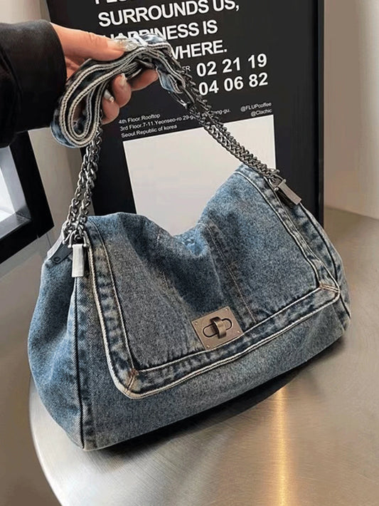 Winter New Fashion Classic Joker Solid Color Retro Wash Jeans Material Metal Chain Shoulder Bag Quilted Embroidery Thread Decoration Design Large-Capacity Shoulder Bag Suitable For Shopping And Outing., Perfect For Cow Girl