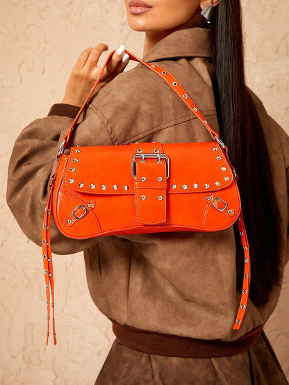 SHEIN X Lucía Bellido SHEIN SXY Fashionable Black Stud Shoulder Bag For Women, Versatile, Shopping Bag, Cool, Street Bag, Teenagers