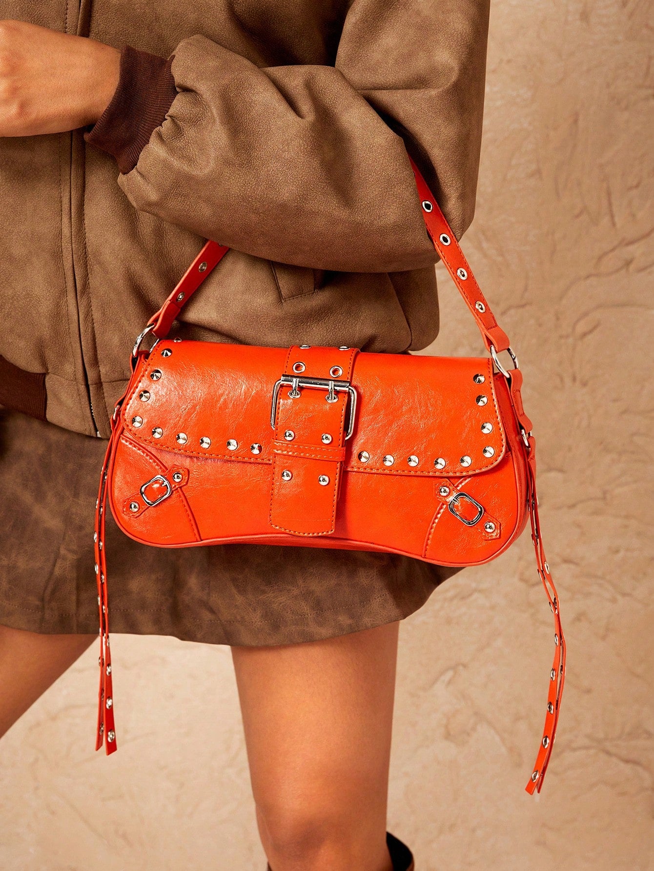 SHEIN X Lucía Bellido SHEIN SXY Fashionable Black Stud Shoulder Bag For Women, Versatile, Shopping Bag, Cool, Street Bag, Teenagers