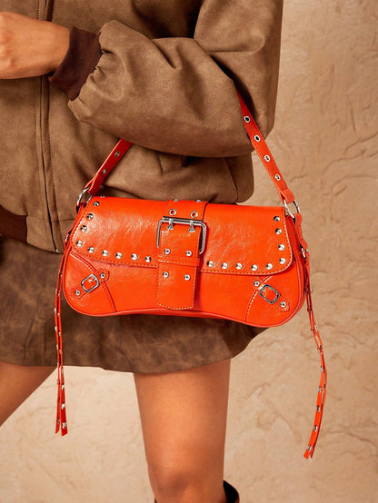 SHEIN X Lucía Bellido SHEIN SXY Fashionable Black Stud Shoulder Bag For Women, Versatile, Shopping Bag, Cool, Street Bag, Teenagers