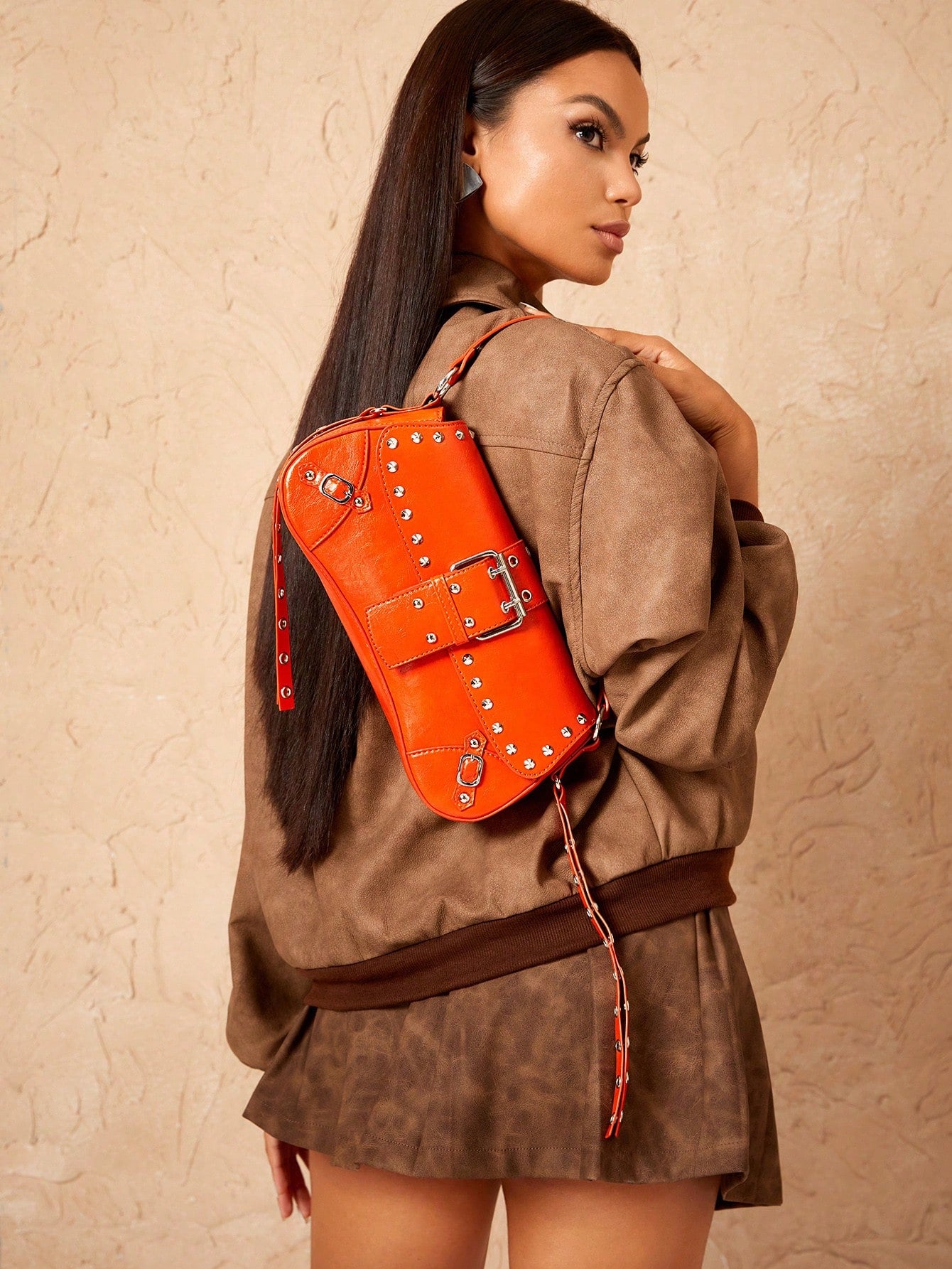 SHEIN X Lucía Bellido SHEIN SXY Fashionable Black Stud Shoulder Bag For Women, Versatile, Shopping Bag, Cool, Street Bag, Teenagers