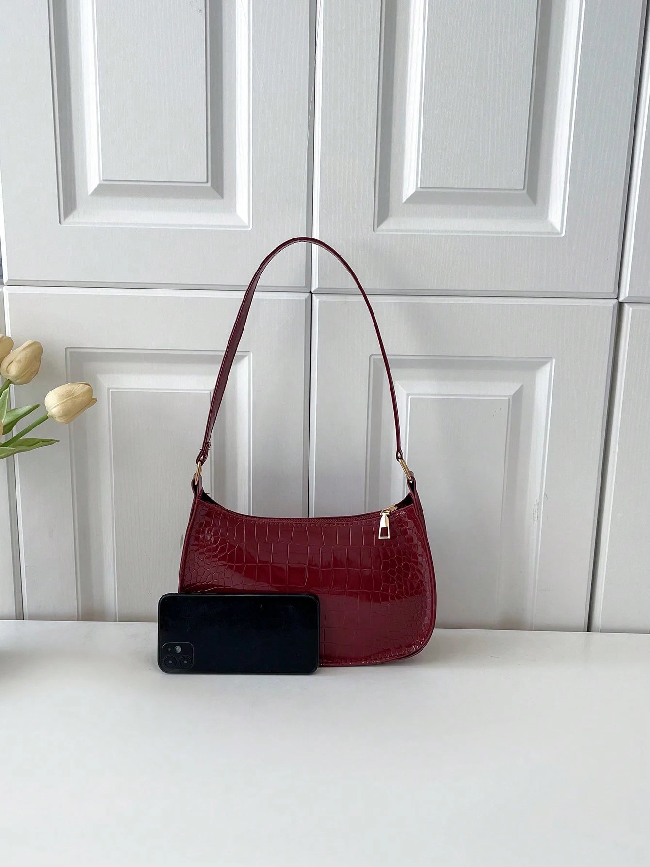 Solid Color Minimalist & Elegant Embossed Shoulder Bag