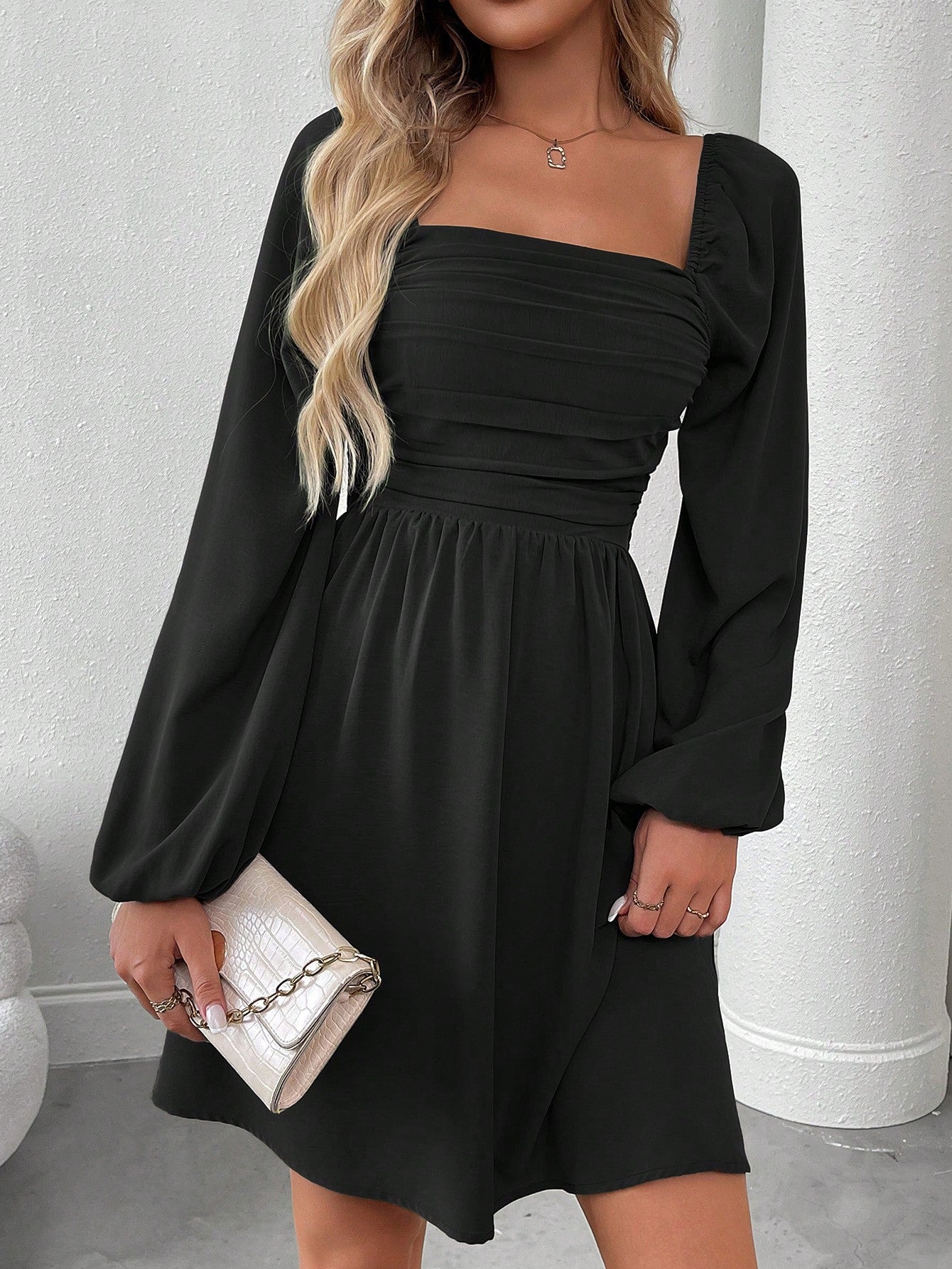 SHEIN LUNE Women Casual Solid Color Lantern Sleeve Smocked Waist Dress, Autumn Fall Cloth For Women