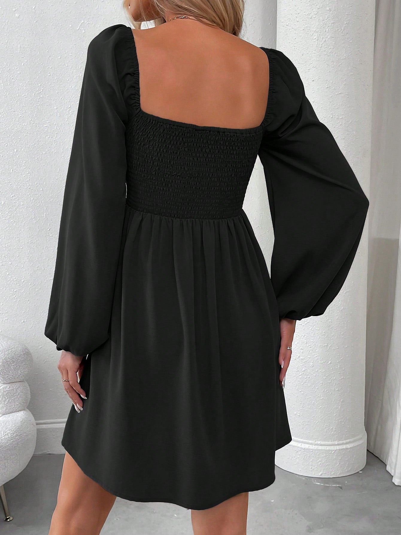 SHEIN LUNE Women Casual Solid Color Lantern Sleeve Smocked Waist Dress, Autumn Fall Cloth For Women