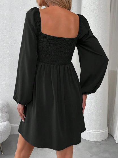 SHEIN LUNE Women Casual Solid Color Lantern Sleeve Smocked Waist Dress, Autumn Fall Cloth For Women