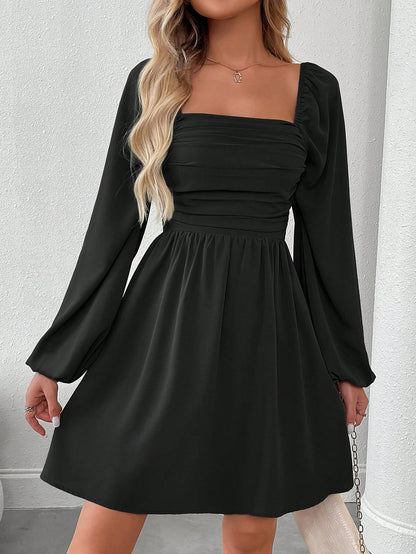 SHEIN LUNE Women Casual Solid Color Lantern Sleeve Smocked Waist Dress, Autumn Fall Cloth For Women