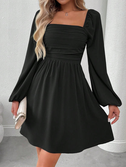 SHEIN LUNE Women Casual Solid Color Lantern Sleeve Smocked Waist Dress, Autumn Fall Cloth For Women