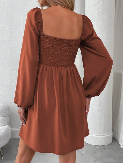 SHEIN LUNE Women Casual Solid Color Lantern Sleeve Smocked Waist Dress, Autumn Fall Cloth For Women