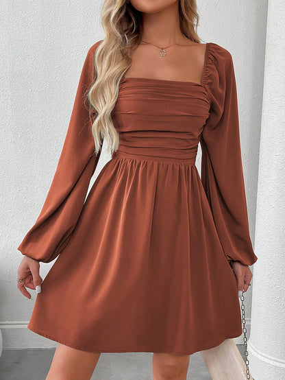 SHEIN LUNE Women Casual Solid Color Lantern Sleeve Smocked Waist Dress, Autumn Fall Cloth For Women