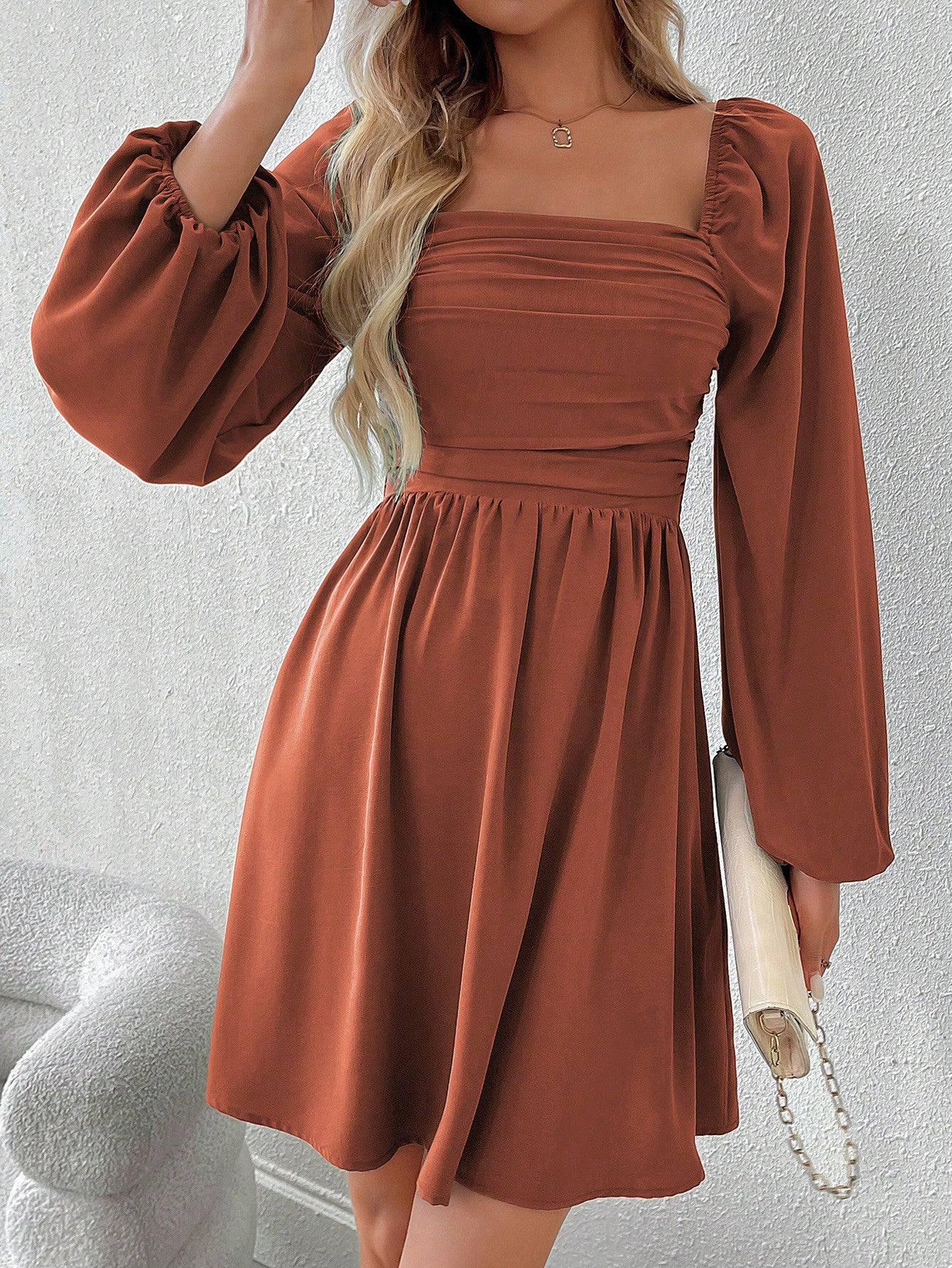 SHEIN LUNE Women Casual Solid Color Lantern Sleeve Smocked Waist Dress, Autumn Fall Cloth For Women