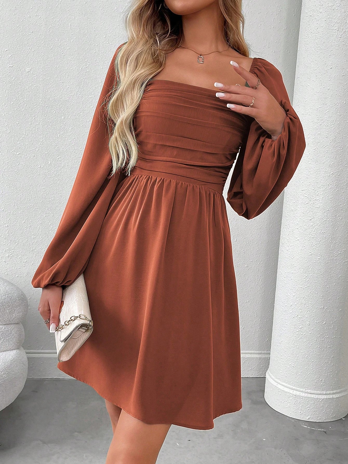 SHEIN LUNE Women Casual Solid Color Lantern Sleeve Smocked Waist Dress, Autumn Fall Cloth For Women