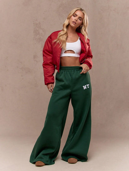 MISSGUIDED Extra Long Wide Leg Collegiate Athletic Track Pants Flare Varsity NY Logo Elastic Waist High Rise Sport Bottoms Fall Winter Lounge Sweatpants