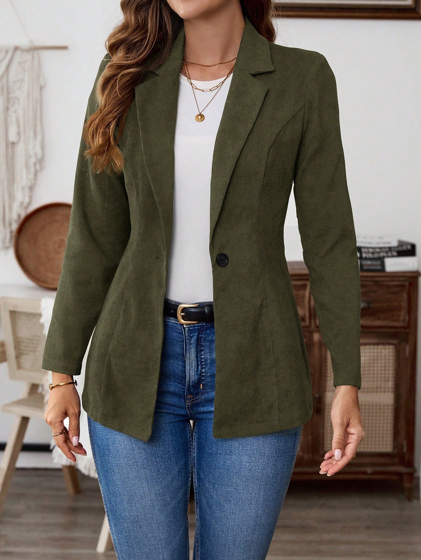 EMERY ROSE Women's Solid Color Lapel Neck Long Sleeve Single Breasted Casual Blazer Jacket, Autumn