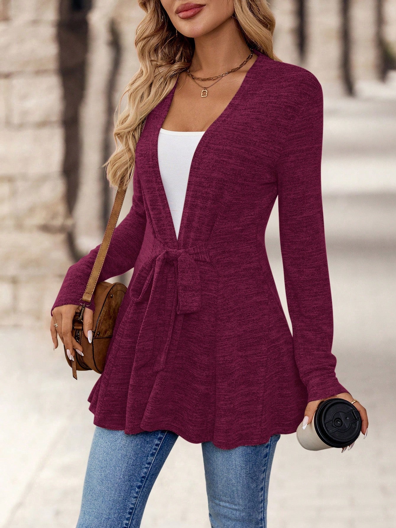 EMERY ROSE Women's Simple Daily Long Sleeve Tie Knot Outerwear,Ladies Late Fall Casual Belted Regular Sleeve Loose Khaki Plain Women Coats,Casual Daily Wear