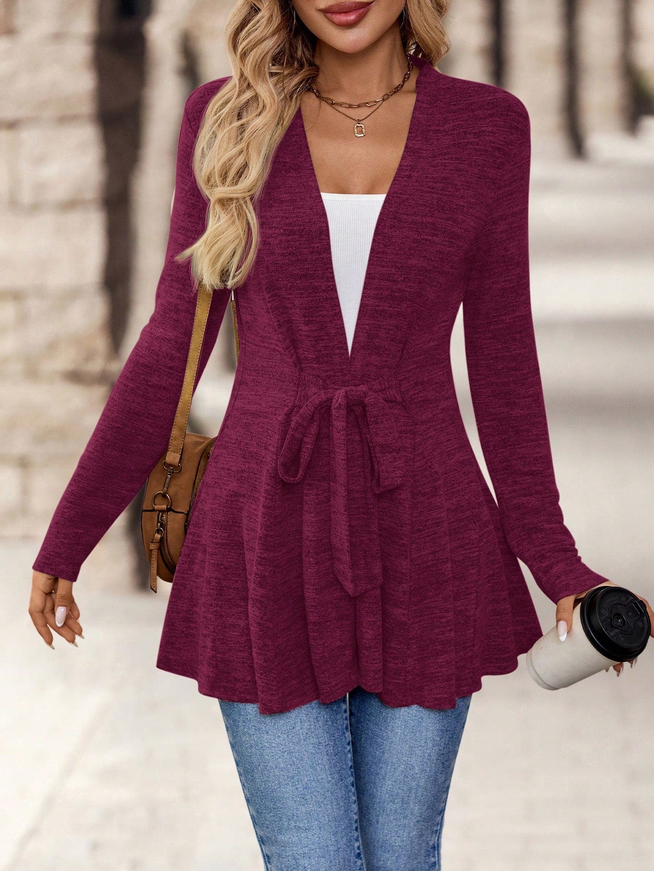 EMERY ROSE Women's Simple Daily Long Sleeve Tie Knot Outerwear,Ladies Late Fall Casual Belted Regular Sleeve Loose Khaki Plain Women Coats,Casual Daily Wear