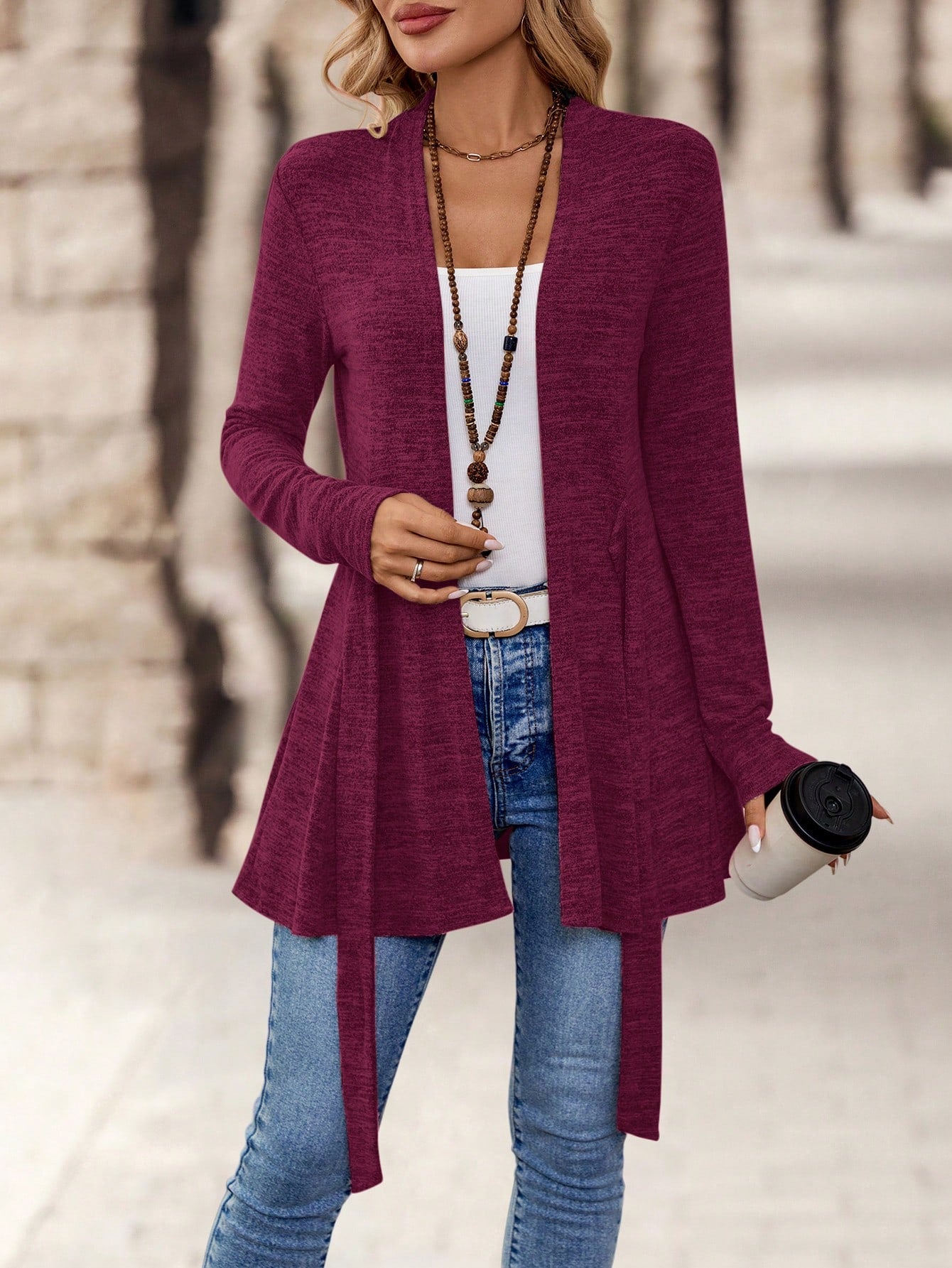 EMERY ROSE Women's Simple Daily Long Sleeve Tie Knot Outerwear,Ladies Late Fall Casual Belted Regular Sleeve Loose Khaki Plain Women Coats,Casual Daily Wear