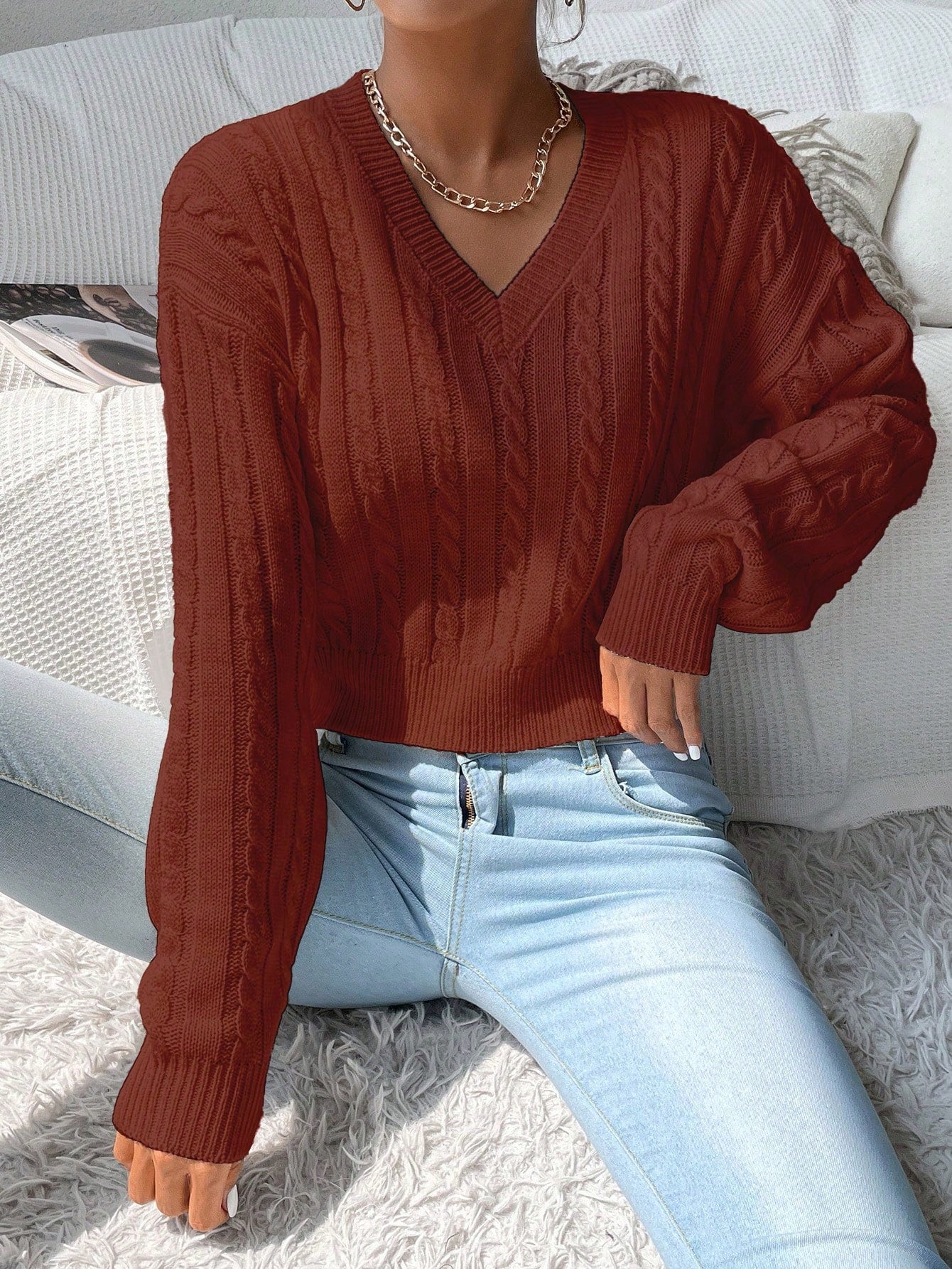 Chiquease V-Neck Cable Knit Sweater,Long Sleeve Tops Knit Pullover Fall Winter Outfit