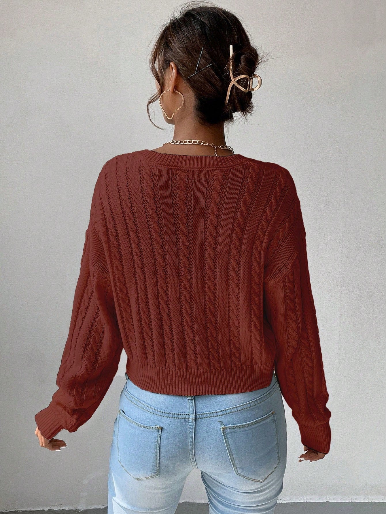 Chiquease V-Neck Cable Knit Sweater,Long Sleeve Tops Knit Pullover Fall Winter Outfit