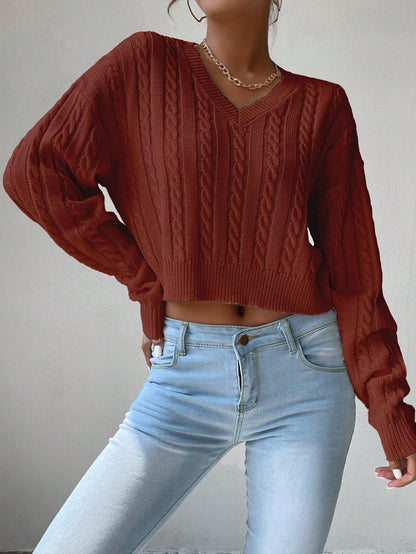 Chiquease V-Neck Cable Knit Sweater,Long Sleeve Tops Knit Pullover Fall Winter Outfit