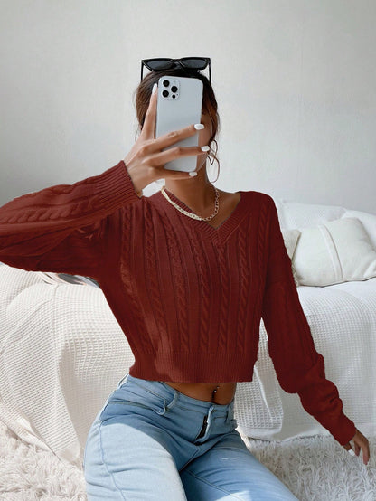 Chiquease V-Neck Cable Knit Sweater,Long Sleeve Tops Knit Pullover Fall Winter Outfit