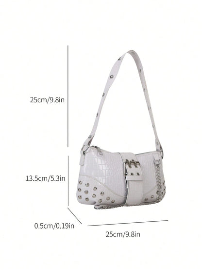 2024New Women's Underarm Bag, European And American Style Vintage Rivet Motorcycle Bag With Pleat Detail Crescent Solid Shoulder And Crossbody Bag For Women