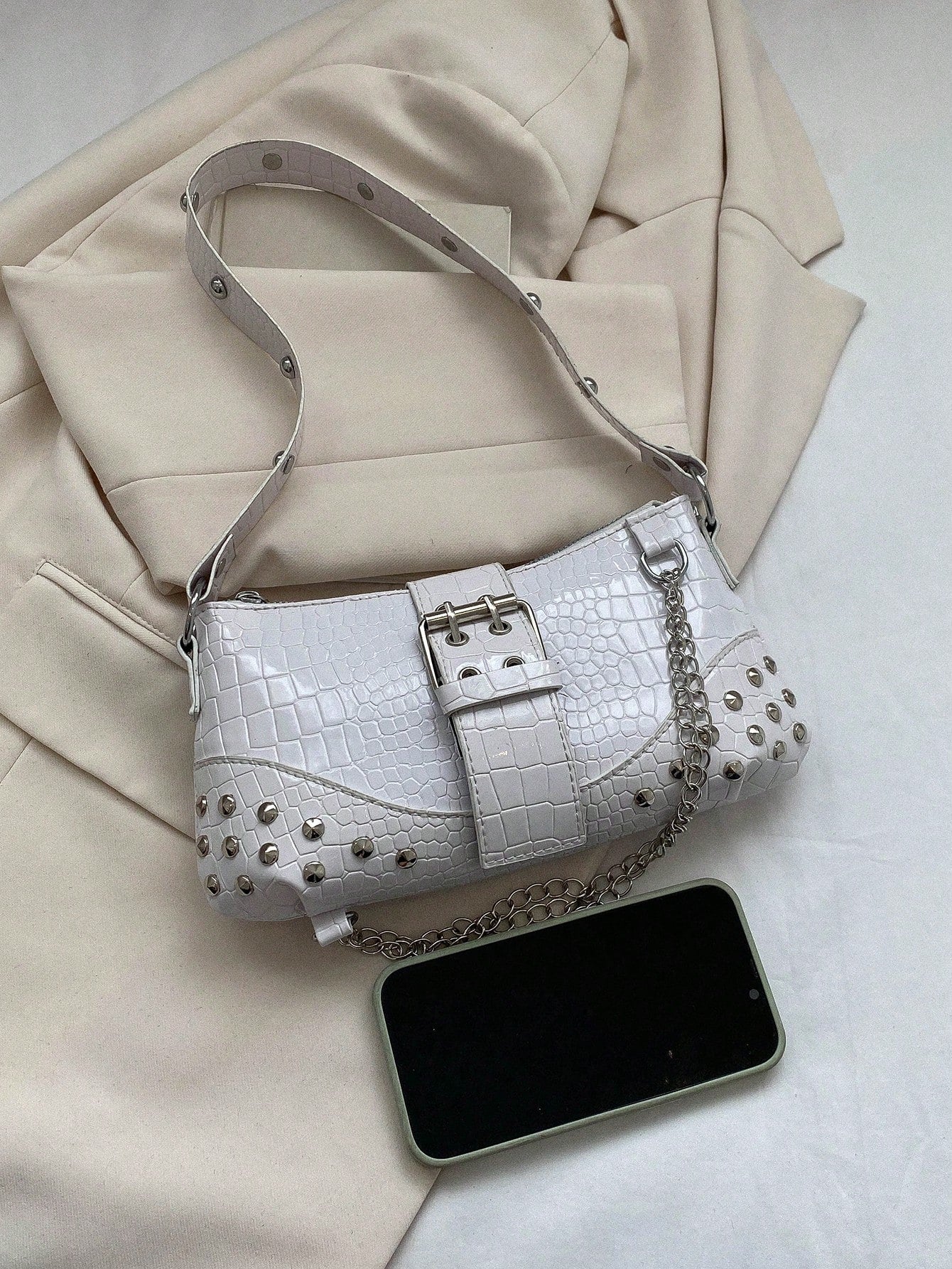 2024New Women's Underarm Bag, European And American Style Vintage Rivet Motorcycle Bag With Pleat Detail Crescent Solid Shoulder And Crossbody Bag For Women