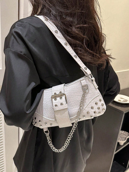 2024New Women's Underarm Bag, European And American Style Vintage Rivet Motorcycle Bag With Pleat Detail Crescent Solid Shoulder And Crossbody Bag For Women