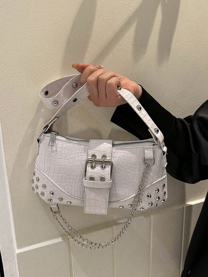 2024New Women's Underarm Bag, European And American Style Vintage Rivet Motorcycle Bag With Pleat Detail Crescent Solid Shoulder And Crossbody Bag For Women