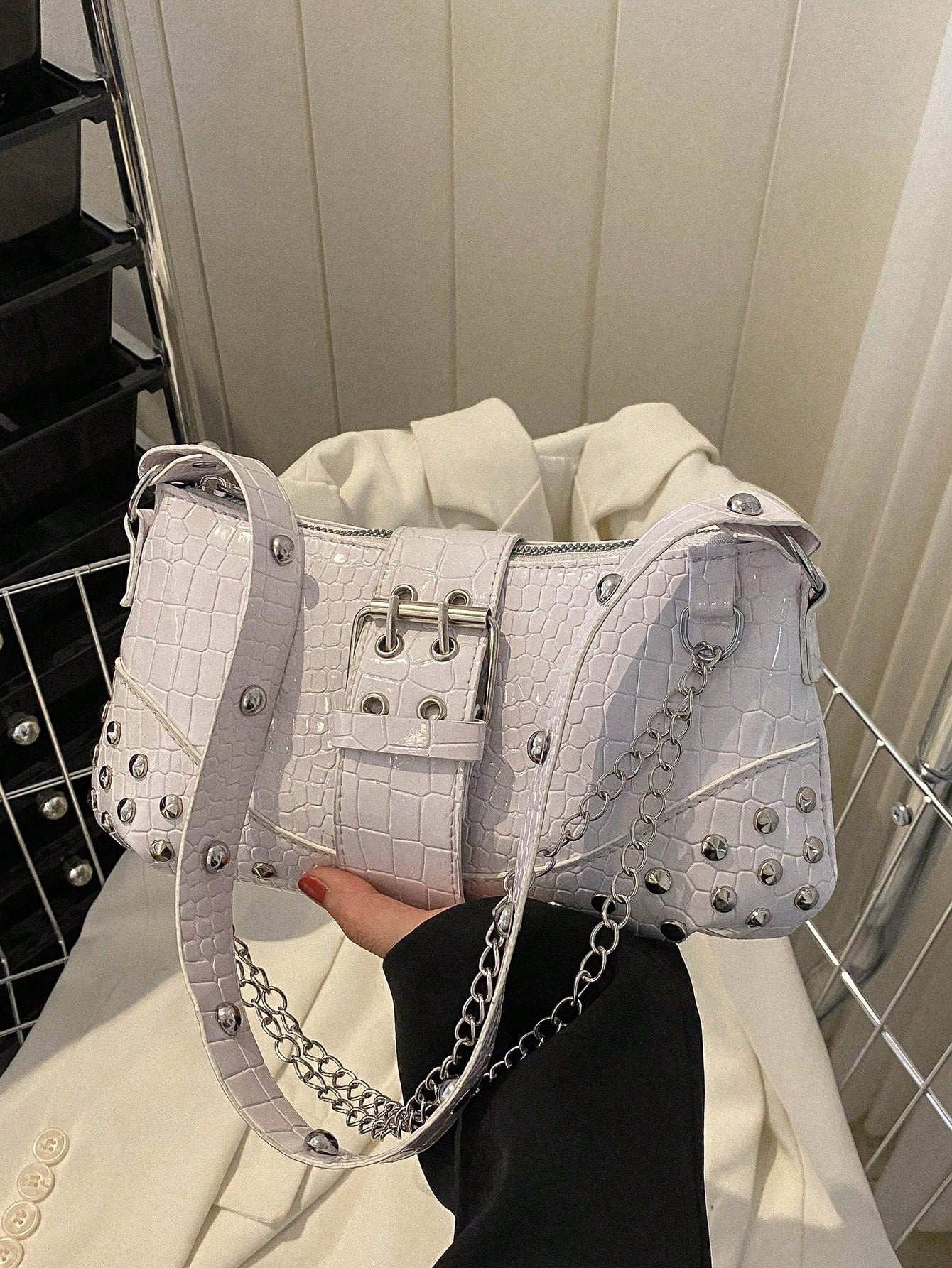 2024New Women's Underarm Bag, European And American Style Vintage Rivet Motorcycle Bag With Pleat Detail Crescent Solid Shoulder And Crossbody Bag For Women