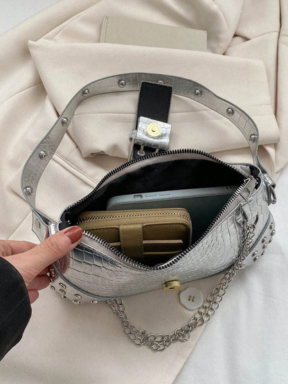 2024New Women's Underarm Bag, European And American Style Vintage Rivet Motorcycle Bag With Pleat Detail Crescent Solid Shoulder And Crossbody Bag For Women