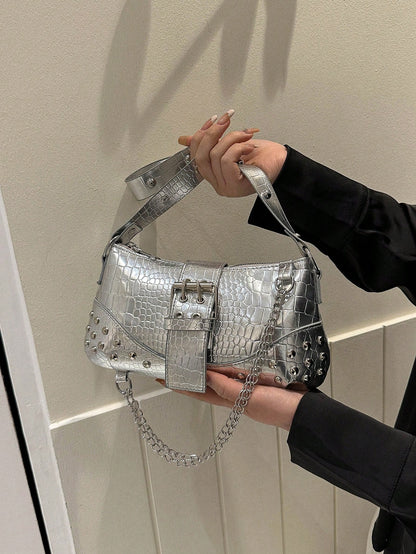 2024New Women's Underarm Bag, European And American Style Vintage Rivet Motorcycle Bag With Pleat Detail Crescent Solid Shoulder And Crossbody Bag For Women