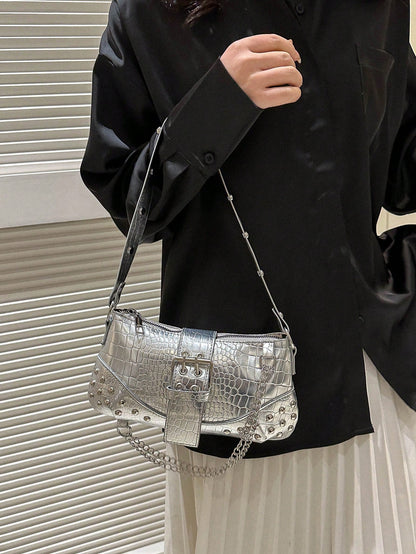 2024New Women's Underarm Bag, European And American Style Vintage Rivet Motorcycle Bag With Pleat Detail Crescent Solid Shoulder And Crossbody Bag For Women