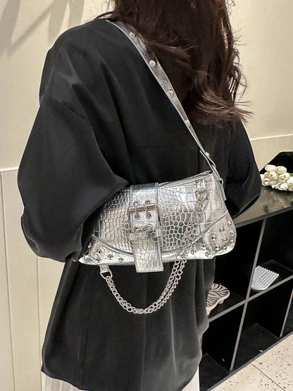 2024New Women's Underarm Bag, European And American Style Vintage Rivet Motorcycle Bag With Pleat Detail Crescent Solid Shoulder And Crossbody Bag For Women