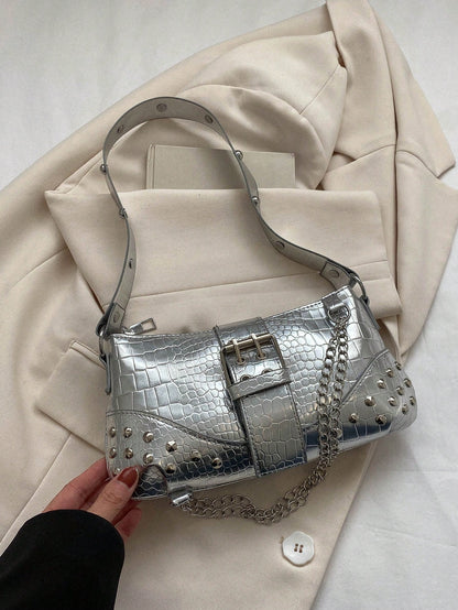 2024New Women's Underarm Bag, European And American Style Vintage Rivet Motorcycle Bag With Pleat Detail Crescent Solid Shoulder And Crossbody Bag For Women