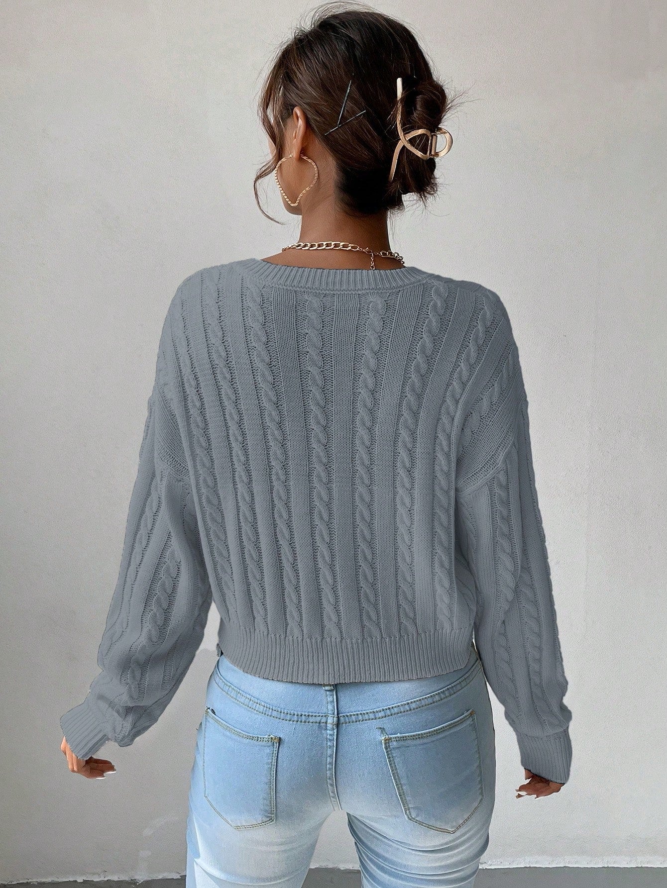 Chiquease V-Neck Cable Knit Sweater,Long Sleeve Tops Knit Pullover Fall Winter Outfit