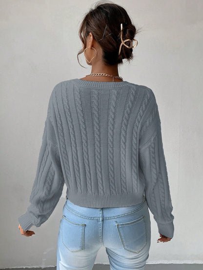 Chiquease V-Neck Cable Knit Sweater,Long Sleeve Tops Knit Pullover Fall Winter Outfit