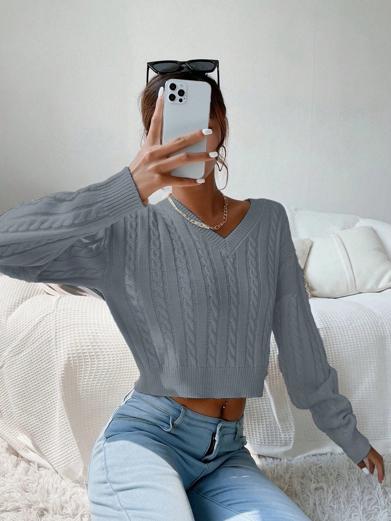 Chiquease V-Neck Cable Knit Sweater,Long Sleeve Tops Knit Pullover Fall Winter Outfit