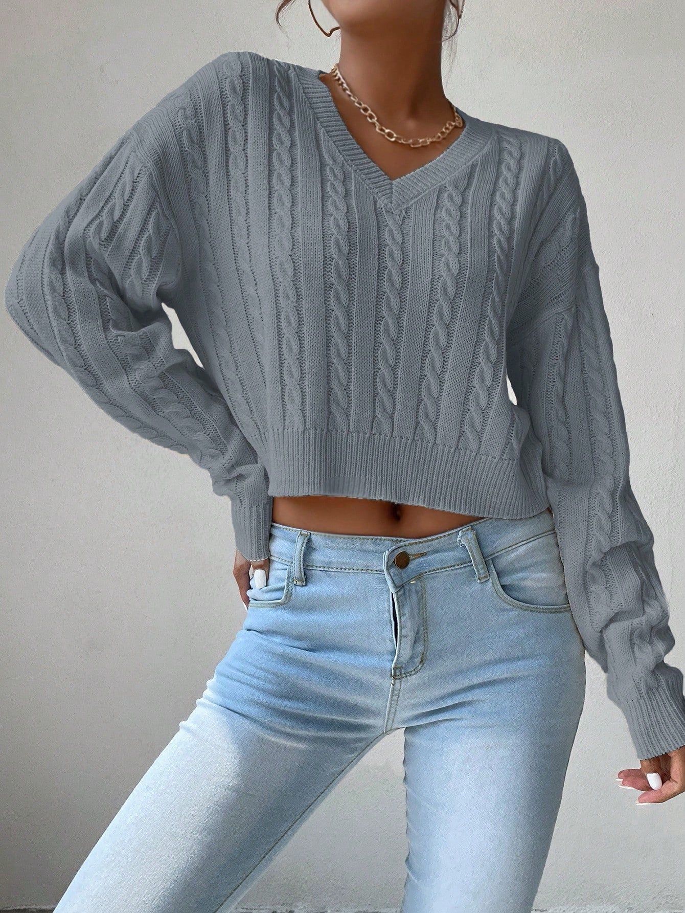 Chiquease V-Neck Cable Knit Sweater,Long Sleeve Tops Knit Pullover Fall Winter Outfit