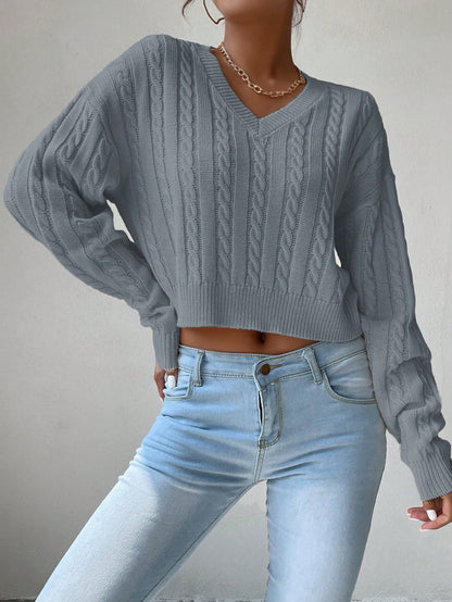 Chiquease V-Neck Cable Knit Sweater,Long Sleeve Tops Knit Pullover Fall Winter Outfit