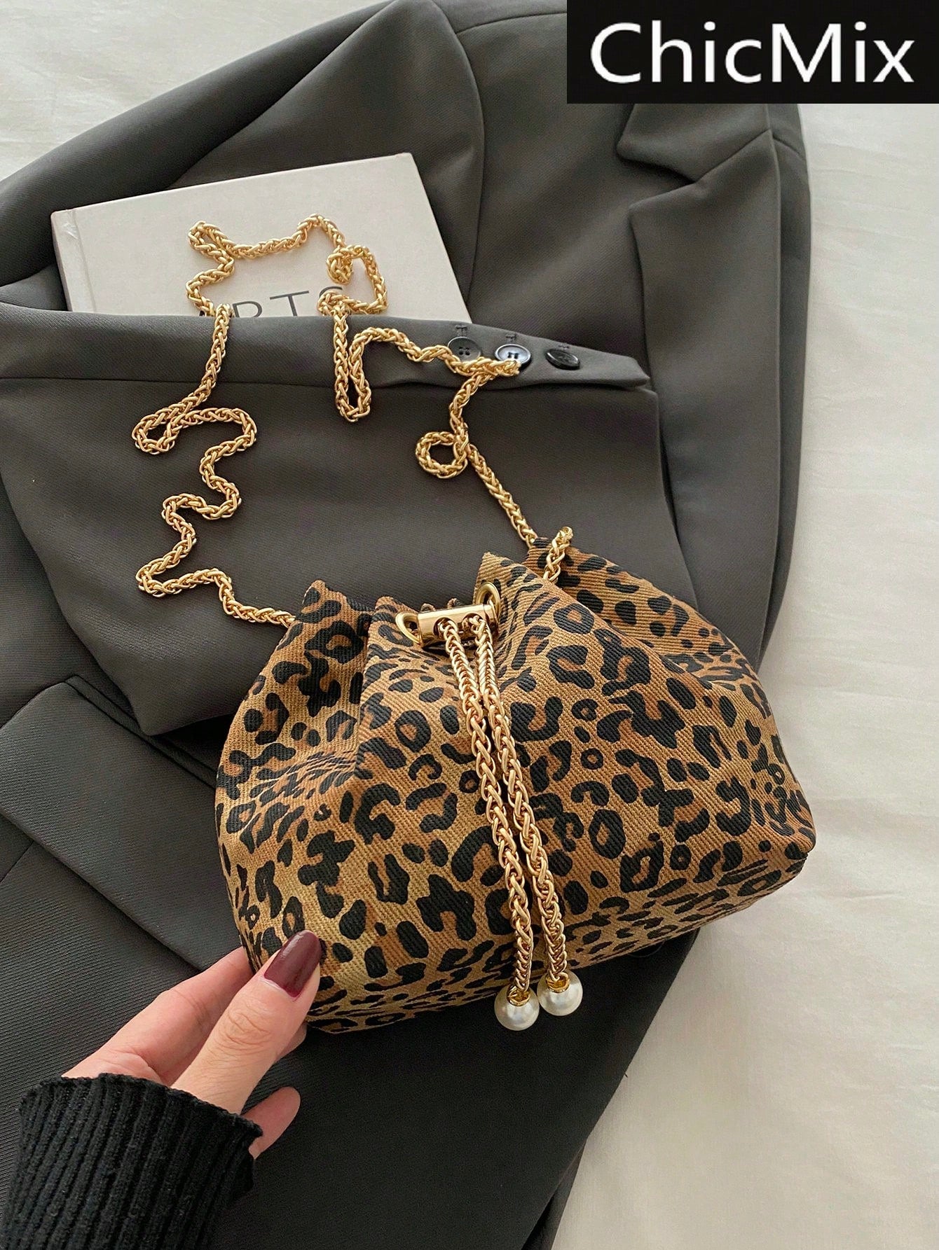 Fashion Solid Color Hollow Out Woven Chain Drawstring Mini Crossbody Bucket Bag